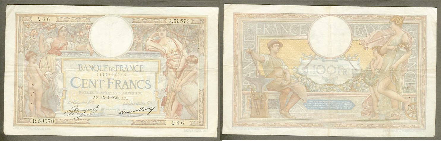 100 francs Merson 15.4.1937 VF